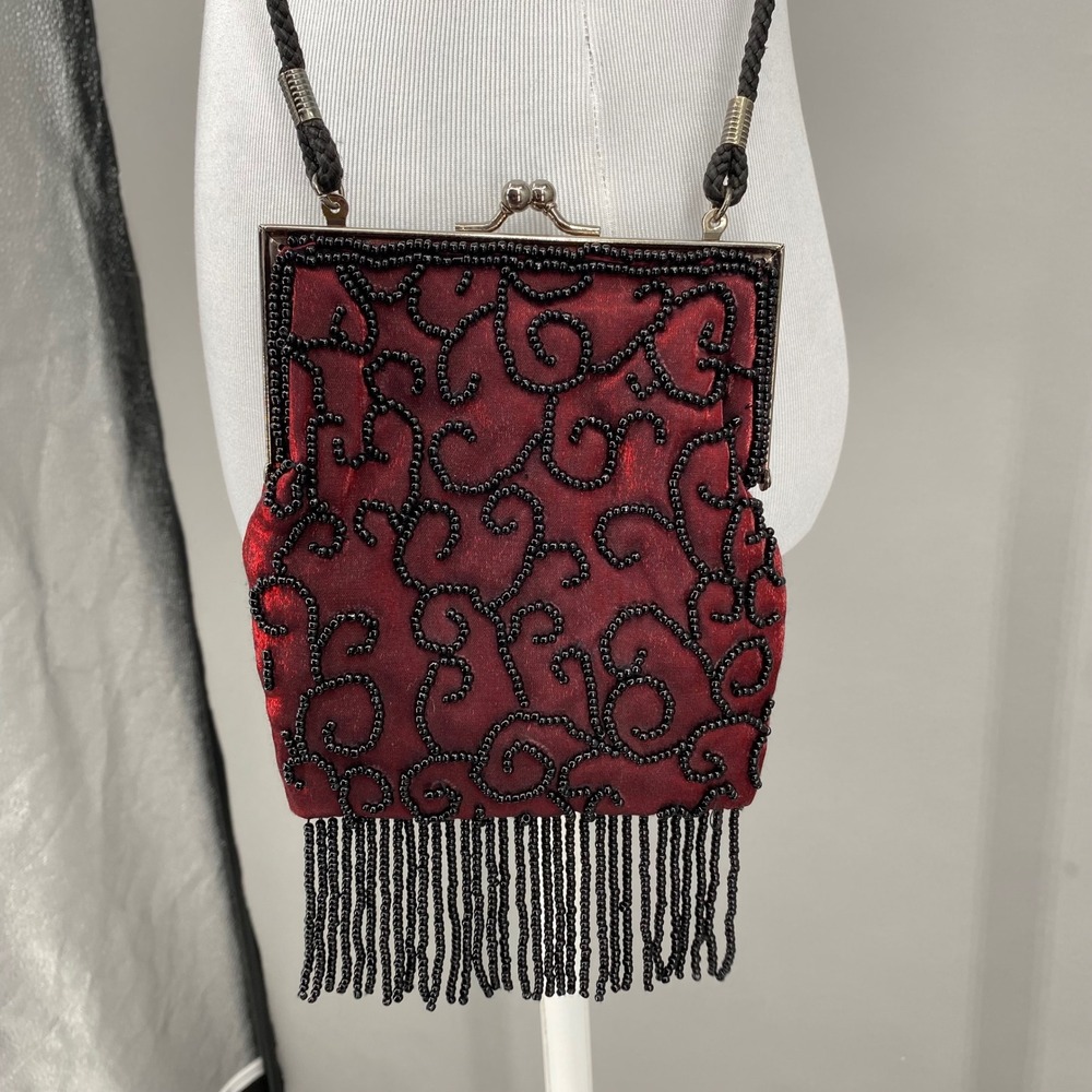 Lancome Red Beaded Evening Bag Clutch Fringe Kiss Lock Whimsygoth Romantic Vampy